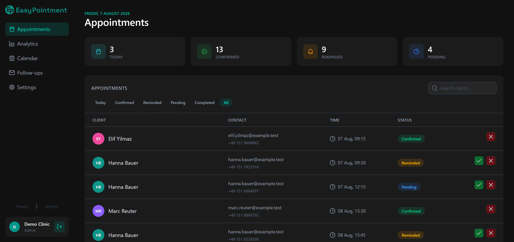 The dashboard appointment list, showing bookings with their current status