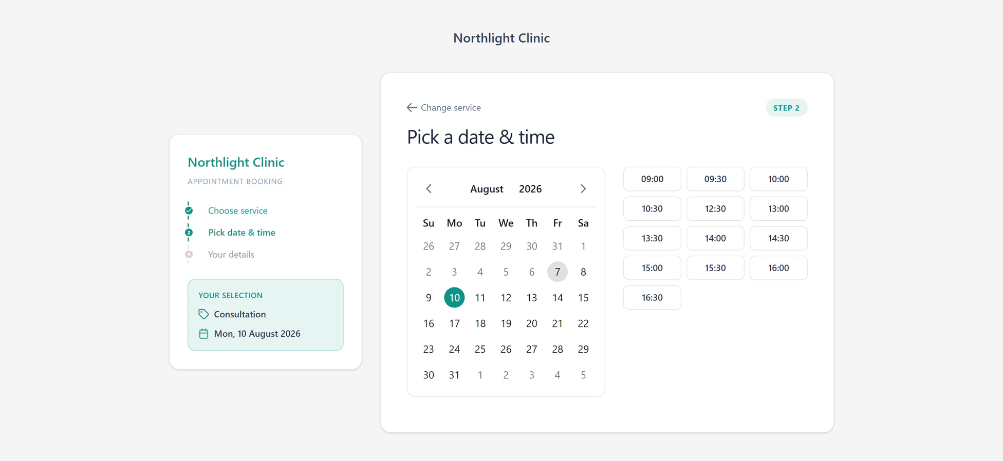 The booking page, showing available time slots for a chosen service