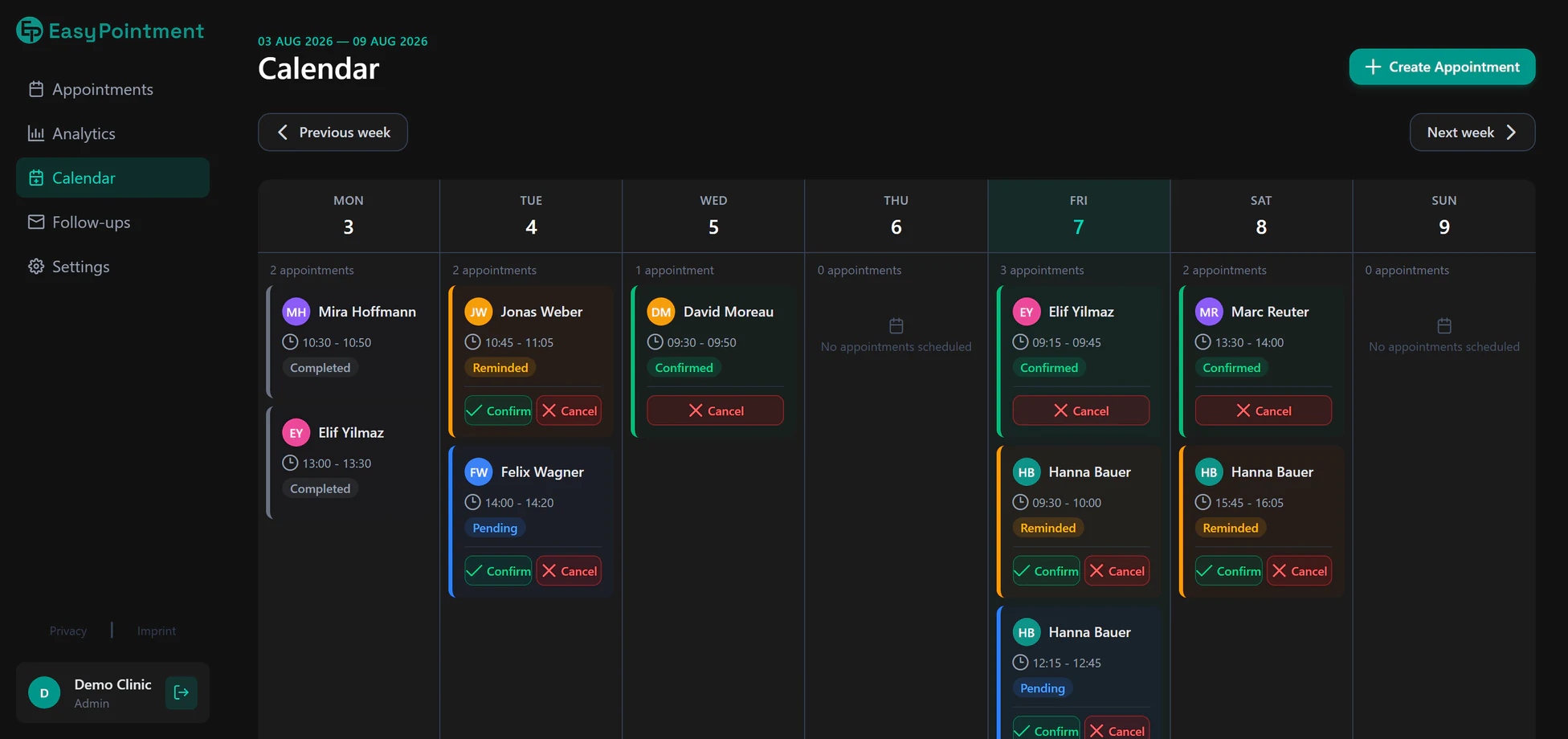 The dashboard calendar, showing a month of appointments across the clinic's opening days