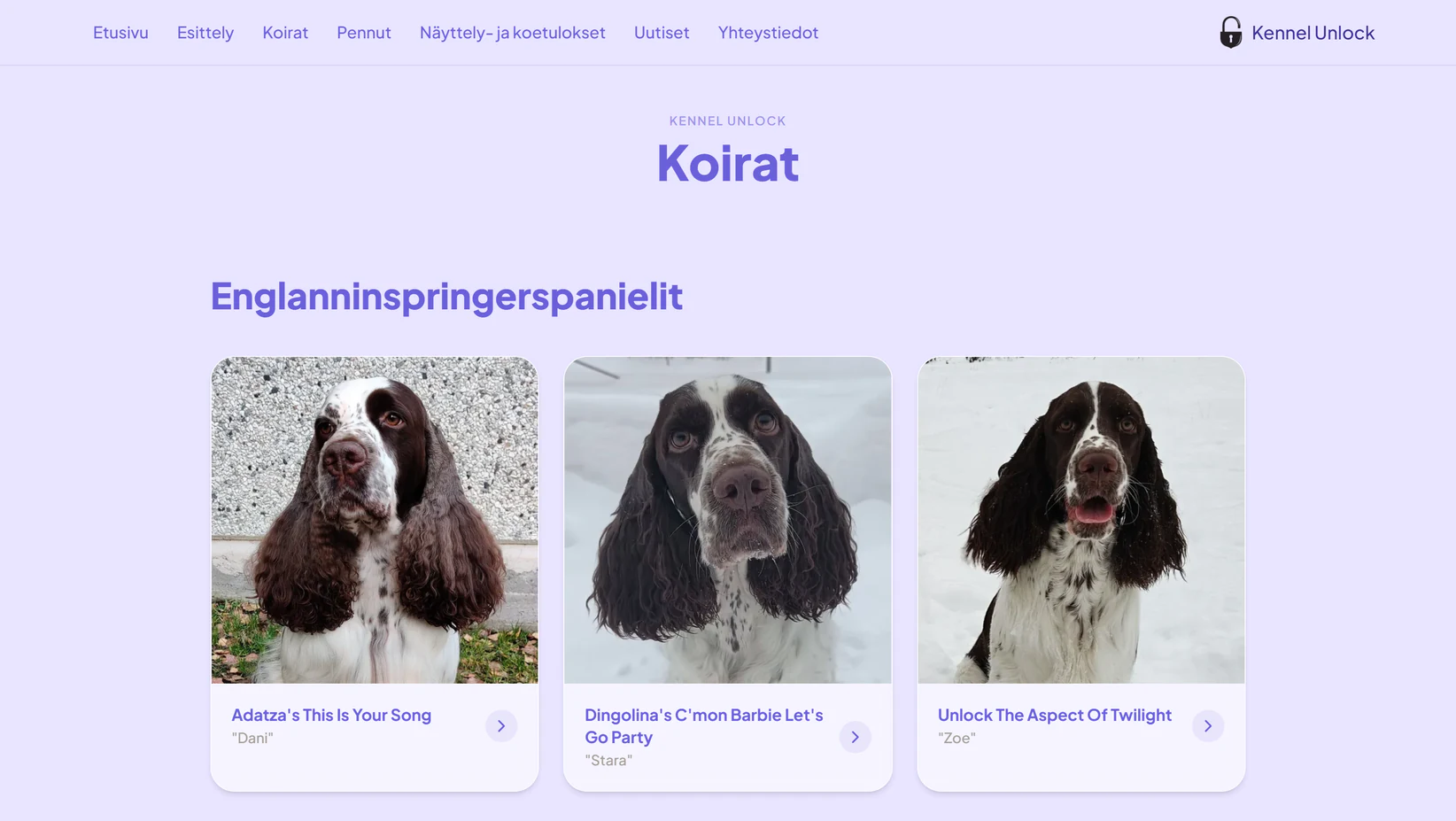 The dogs page on kennelunlock.fi, grouped by breed