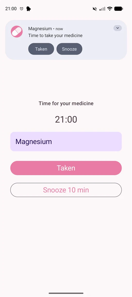 The full-screen alarm: the dose time, the medicine name, and Taken and Snooze buttons