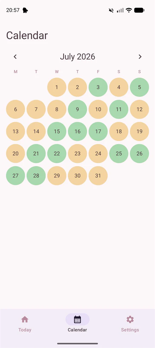A month calendar with each day coloured by whether its doses were taken