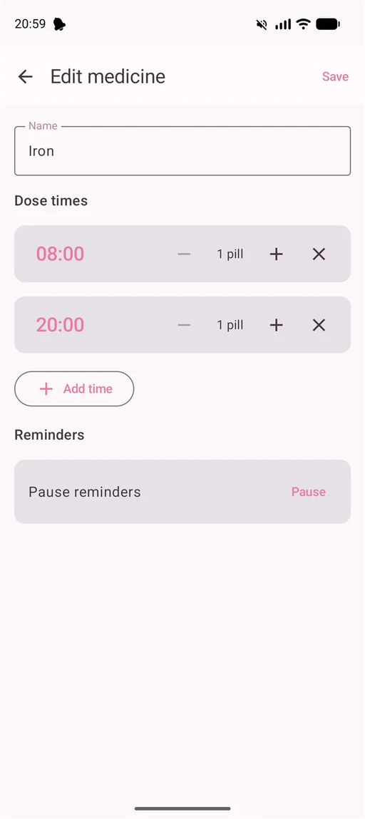 The medicine editor, with a name field and a row per daily dose time