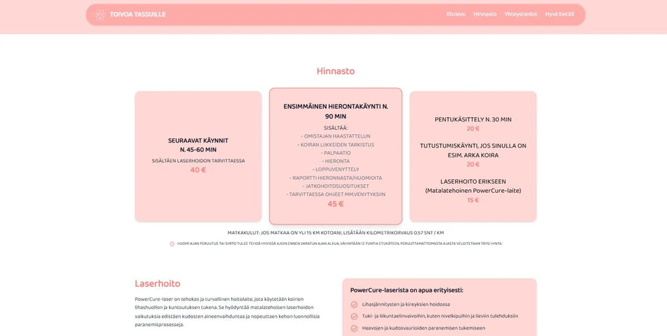 The pricing section of the Toivoa Tassuille site